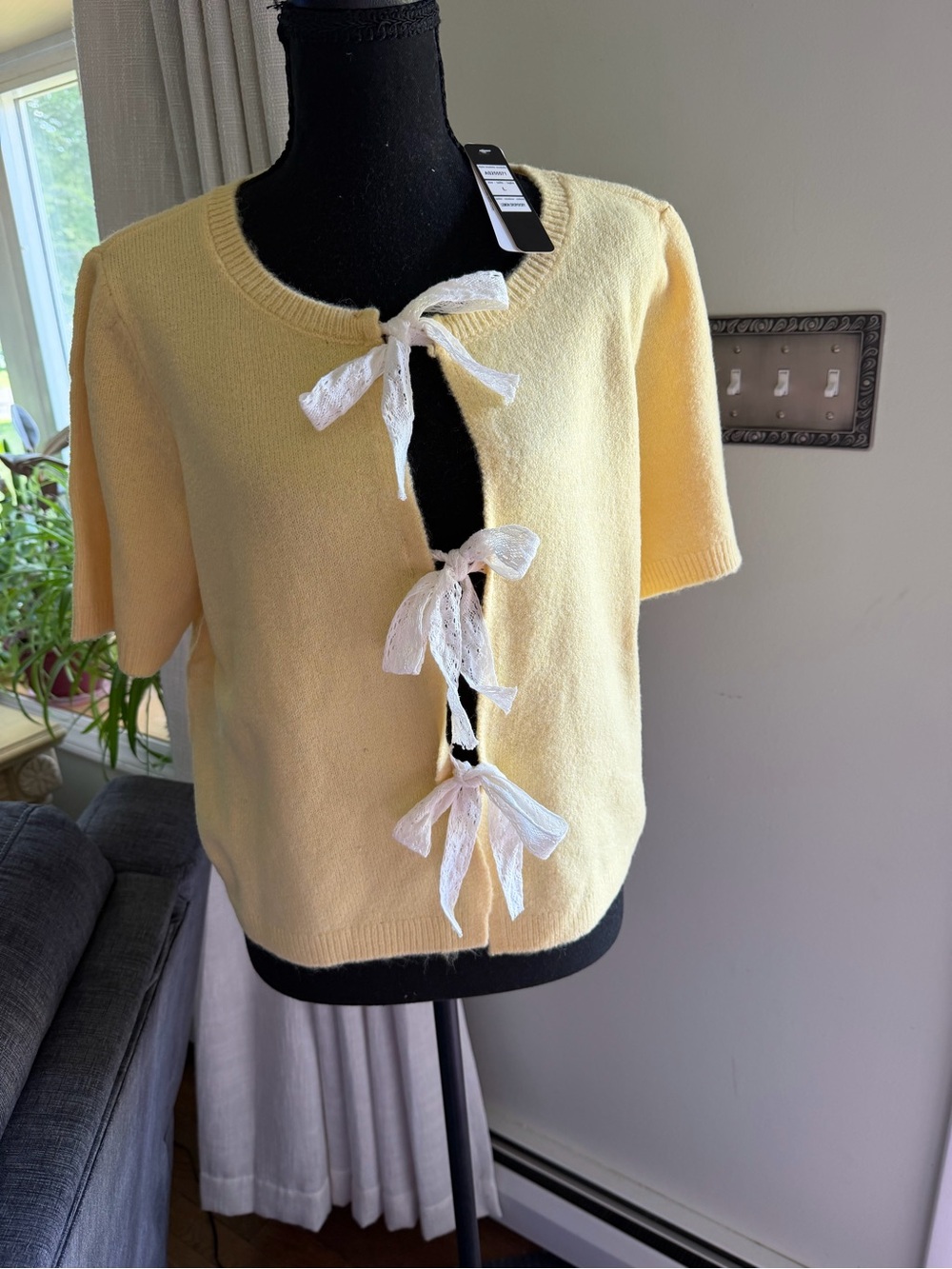 Belldini Pale Yellow Knit Short-Sleeve Cardigan with Lace Bows